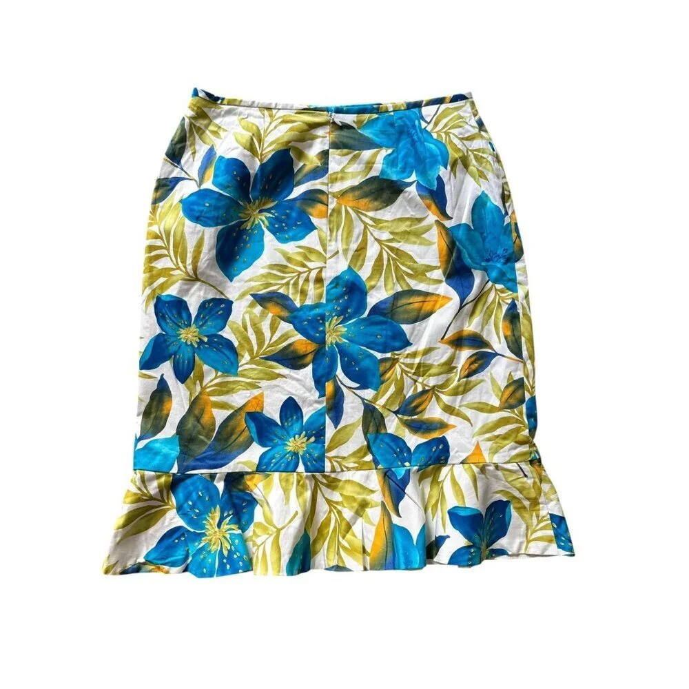 Le Suit Women's White Floral & Turquoise with a stretch ruffle Hem Skirt